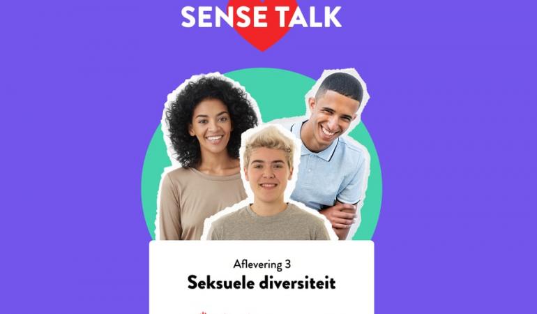 Decoratieve afbeelding podcastserie Sense Talk met drie jongeren erop